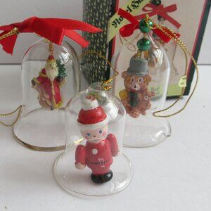 Clear Glass Bell Nobel Hall Christmas Ornament with Honey Bear, Santa Lot of 3